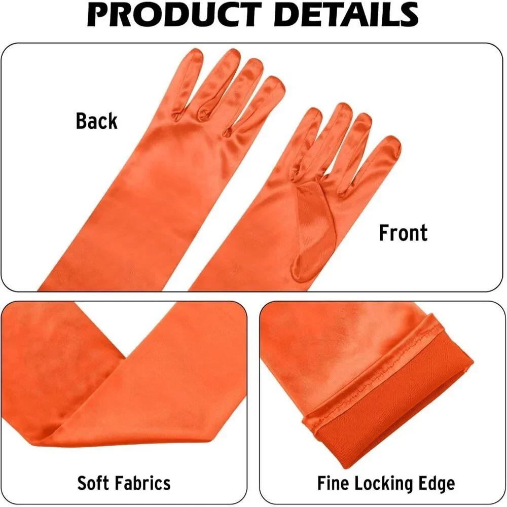 Women's Orange Long Satin Opera Fabric Gloves Party Tea Stretchy Elbow Length